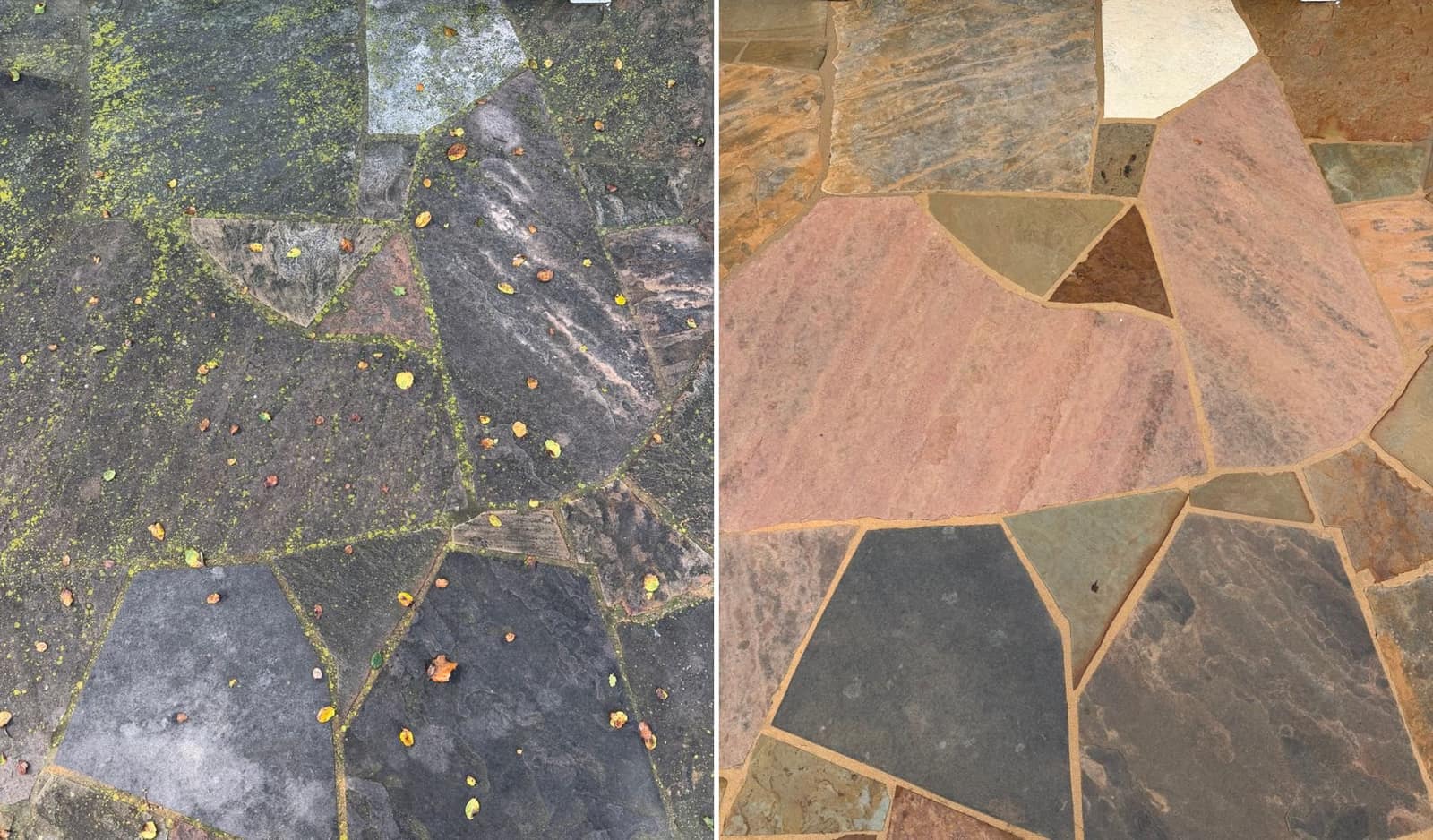 Flagstone patio before and after cleaning — moss and grime lifted back to full color